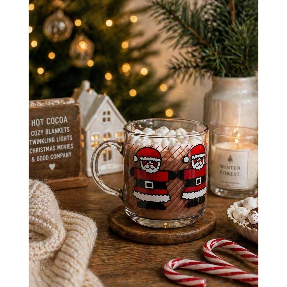 VTG Retro Luminarc Santa‎ Holiday Christmas Glass Mug Cup whimsical 80s Kitsch